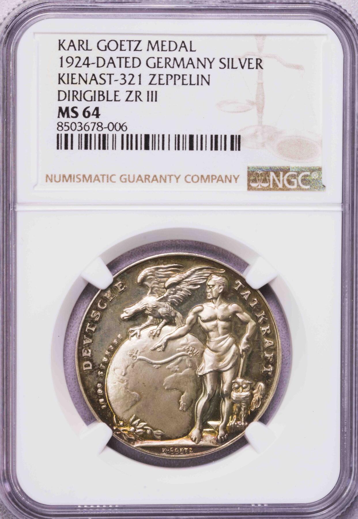 NGC-MS64 1924德国哥茨齐柏林飞艇美国纪念银章