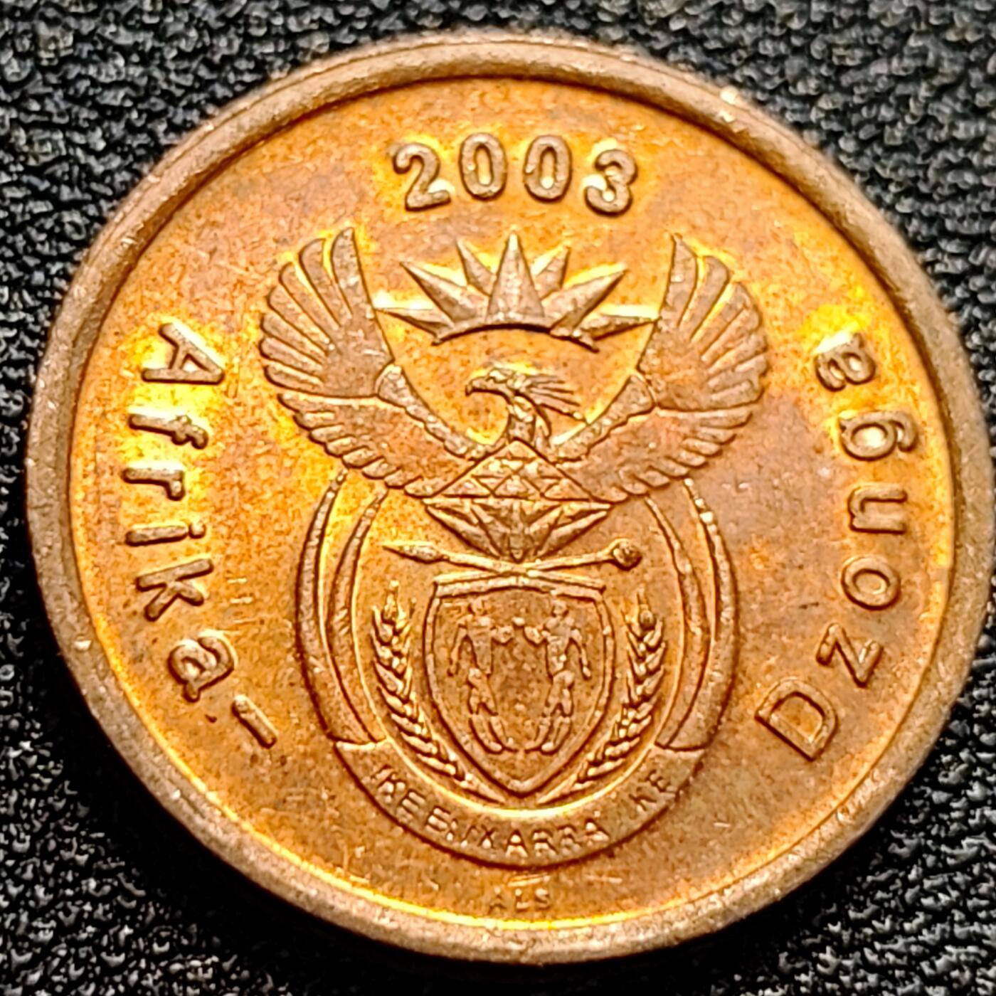 泉币菌-第73场-各国散币场 南非2003年5分铜钢币，蓝鹤，21mm