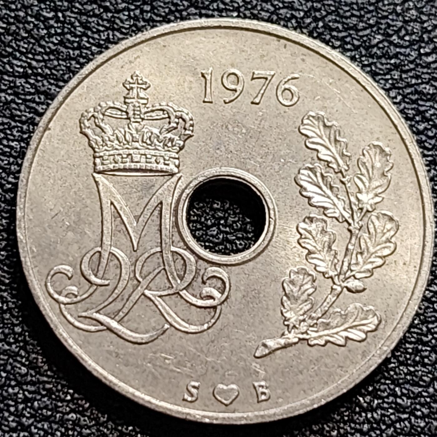 泉币菌-第73场-各国散币场 丹麦1976年25欧尔中孔镍币 玛格丽特二世花押 