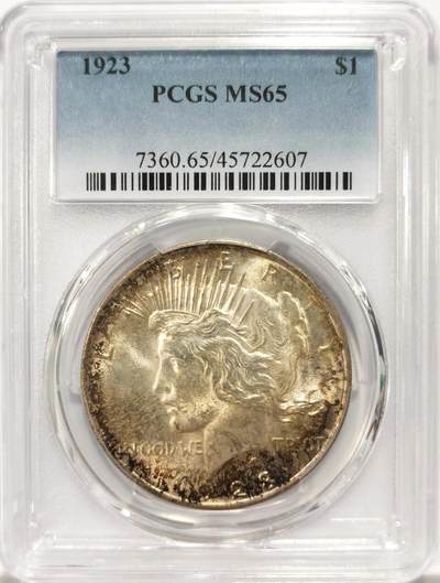 博洋堂世界钱币拍卖第134期（全场包邮） - PCGS MS65 美国1923年和平$1银币 五彩 和平银币65分少见 有好看的包浆更是难得