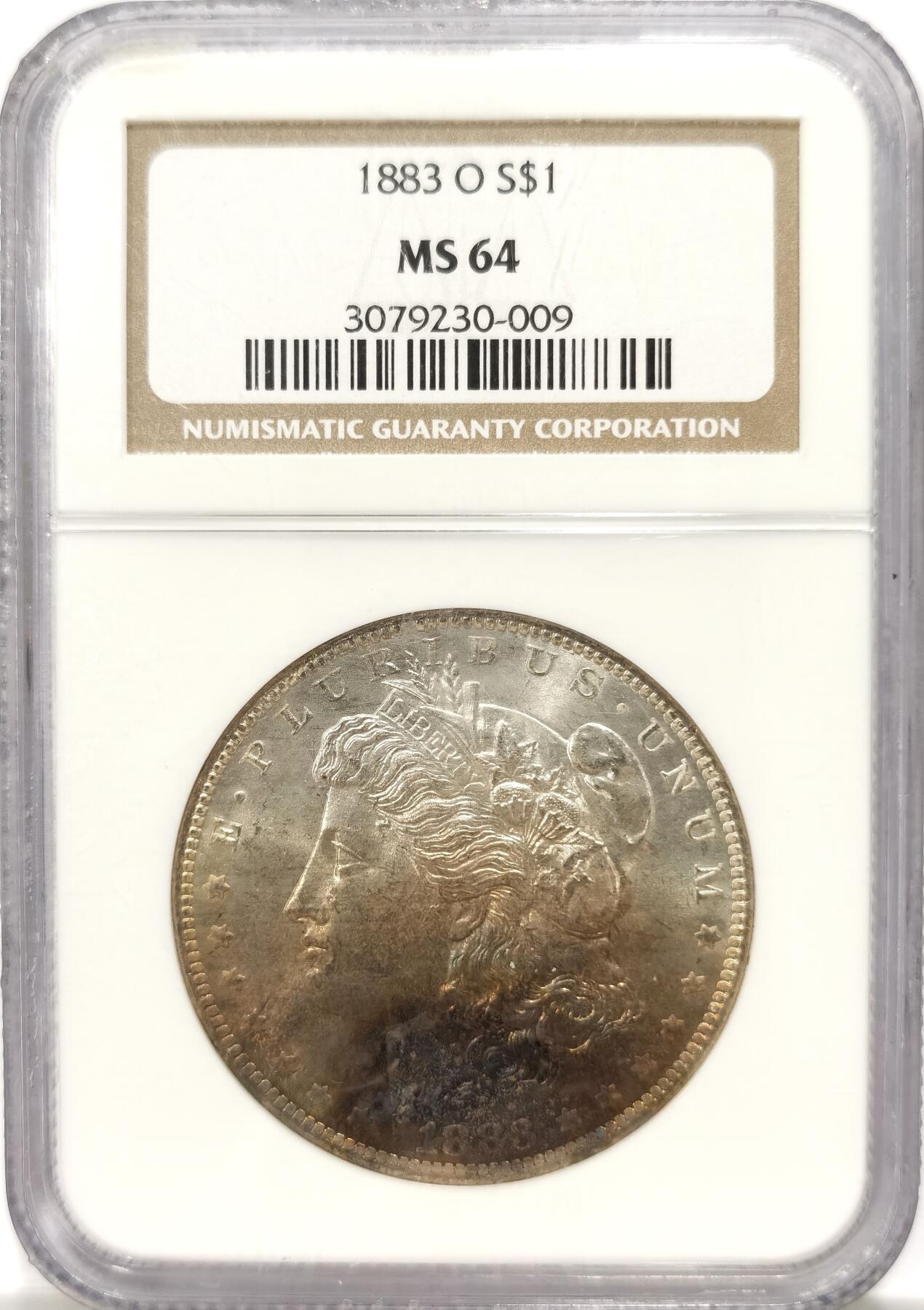 博洋堂世界钱币拍卖第134期（全场包邮） NGC MS64 美国1883年O版摩根$1银币 深五彩包浆 鹰面丝滑底板 老盒潜力品相