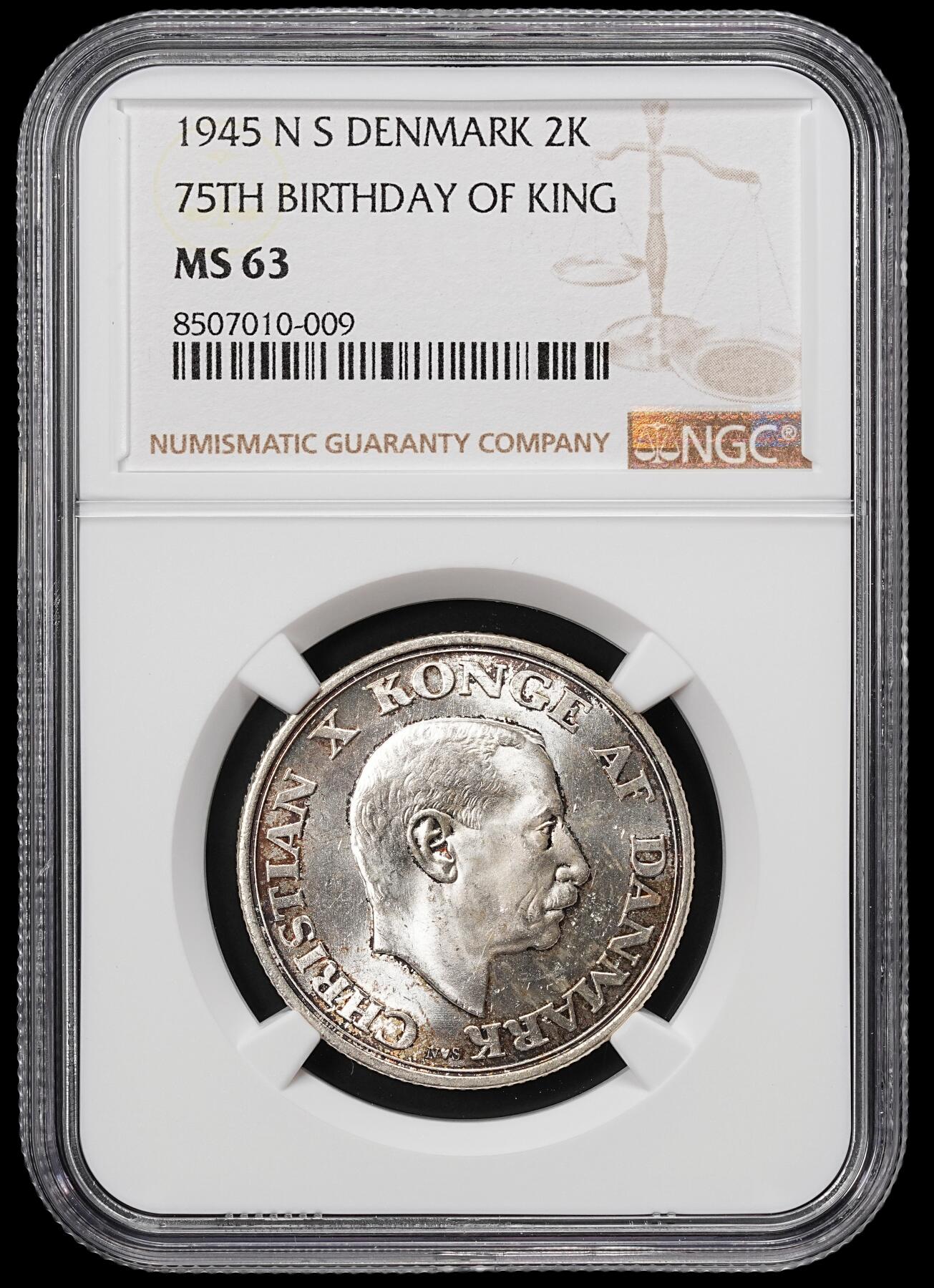 修遠堂世界钱币第八十期 NGC MS63 1945年丹麦国王75岁大寿纪念2克朗银币