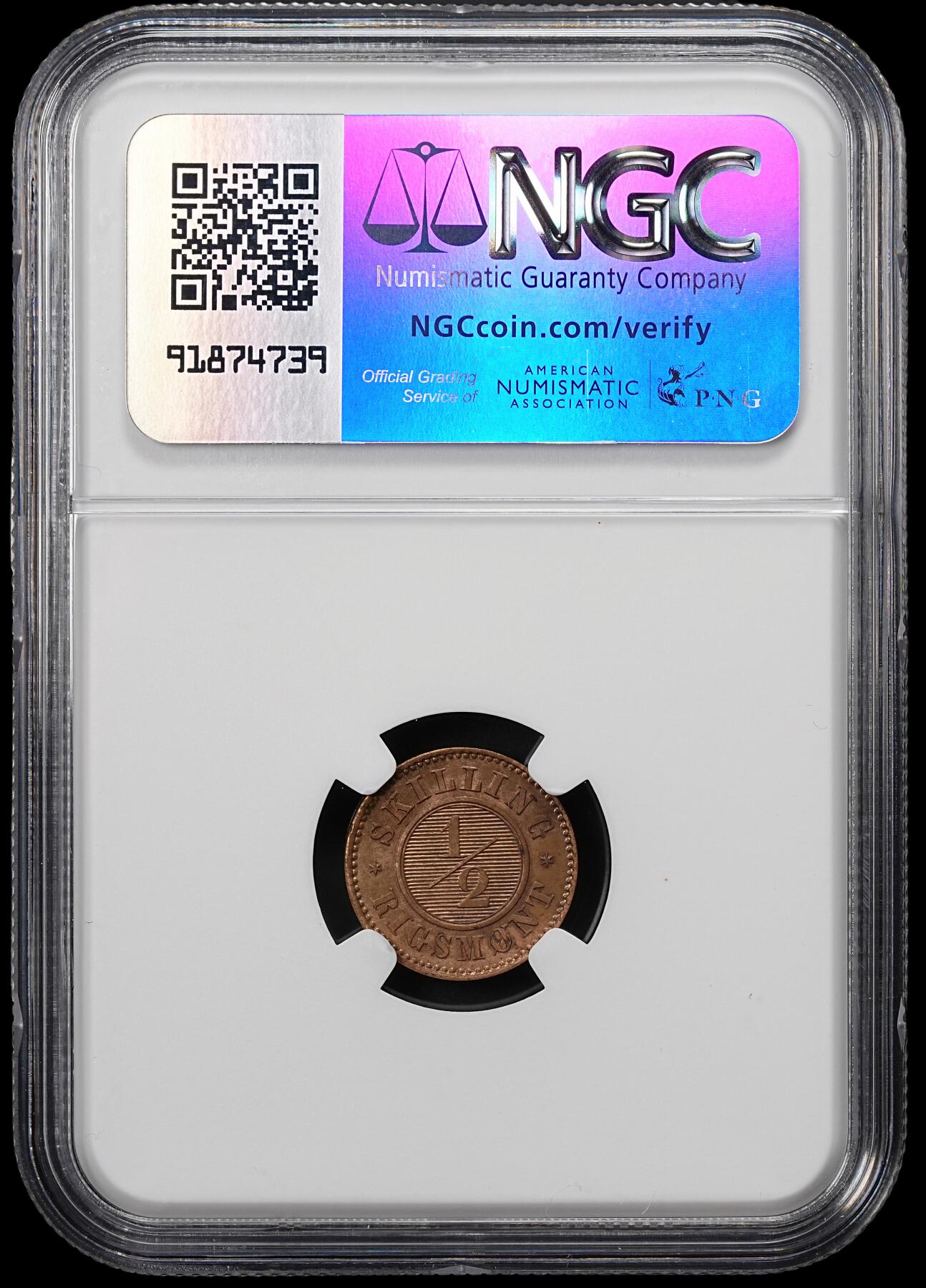 修遠堂世界钱币第八十期 NGC MS62BN 1868年丹麦1/2 SKILLING RIGSMONT铜币