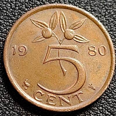 泉币菌-第73场-各国散币场 - 美品 极美 荷兰王国 1980年5分 橙子 朱丽安娜女王 公鸡&星星暗记 青铜币 21mm 