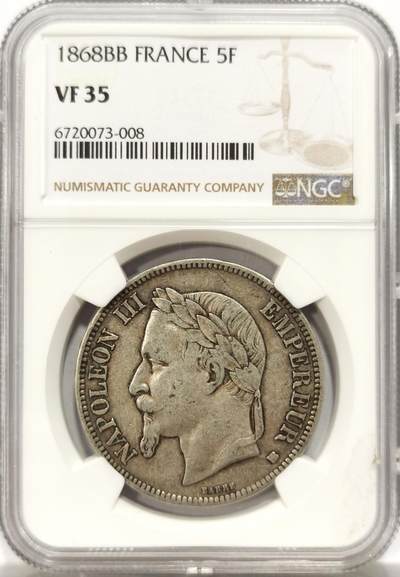 博洋堂世界钱币拍卖第134期（全场包邮） - NGC VF35 法国1868年BB版拿三5法郎银币