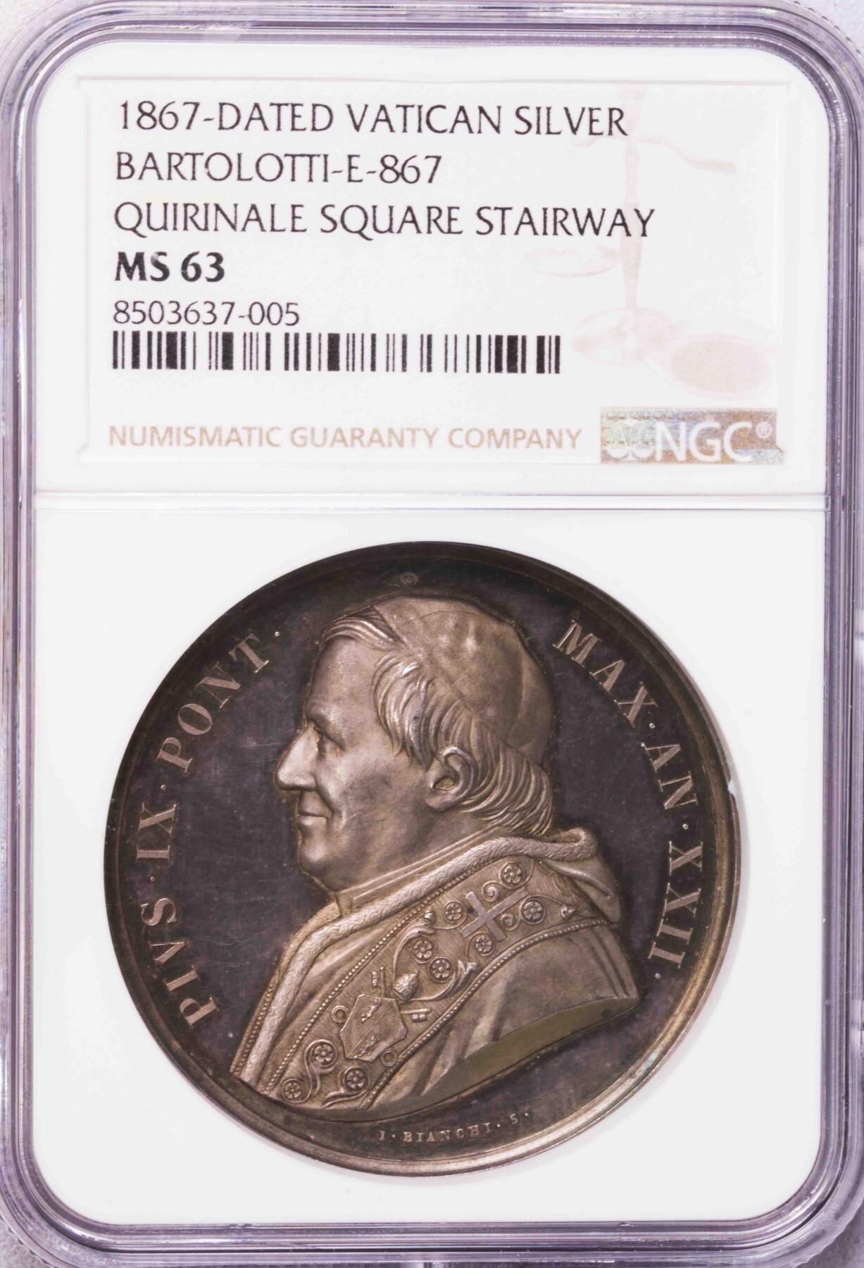 NGC-MS63 1867教皇国庇护九世宫殿大银章 稀少加厚