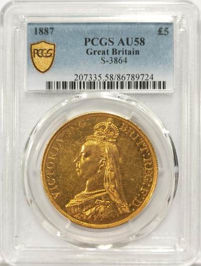 博洋堂世界钱币拍卖第134期（全场包邮） - PCGS AU58 英国1887年维多利亚高冠马剑金币 5镑大马剑 39.98克5索维林 英国经典 关注度很高的品种了 PCGS严评 状态很好 干干净净的币