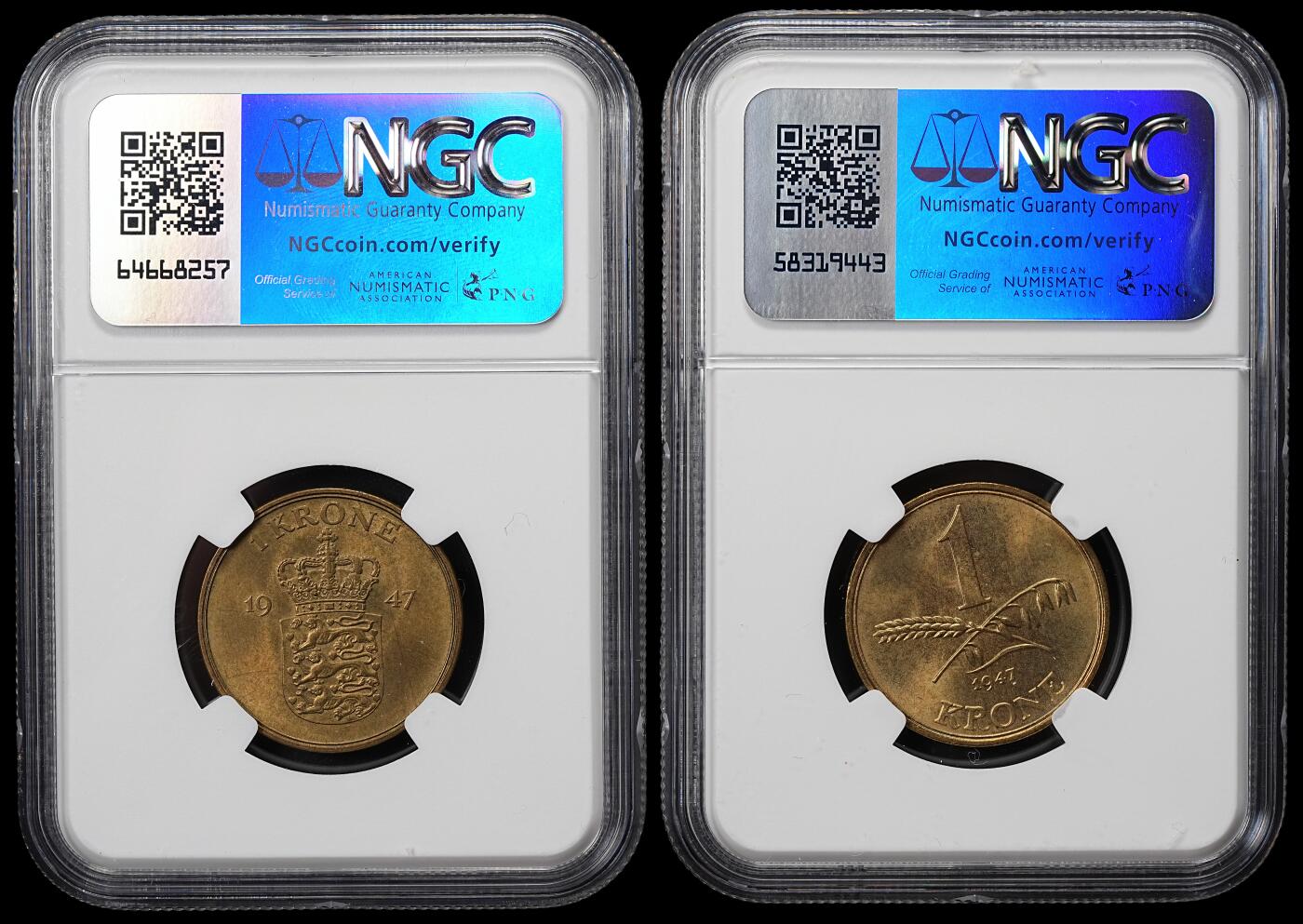 修遠堂世界钱币第八十期 NGC评级 1947年丹麦克朗两枚 国王更迭