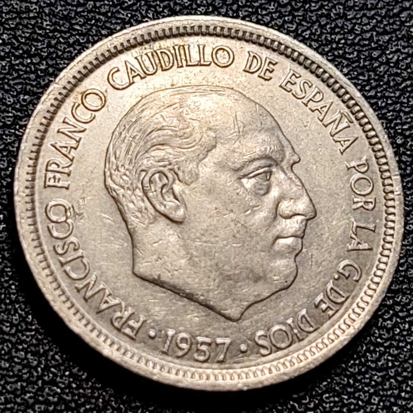 泉币菌-第73场-各国散币场 好品 西班牙1957年5比塞塔 弗朗哥鹰徽23mm