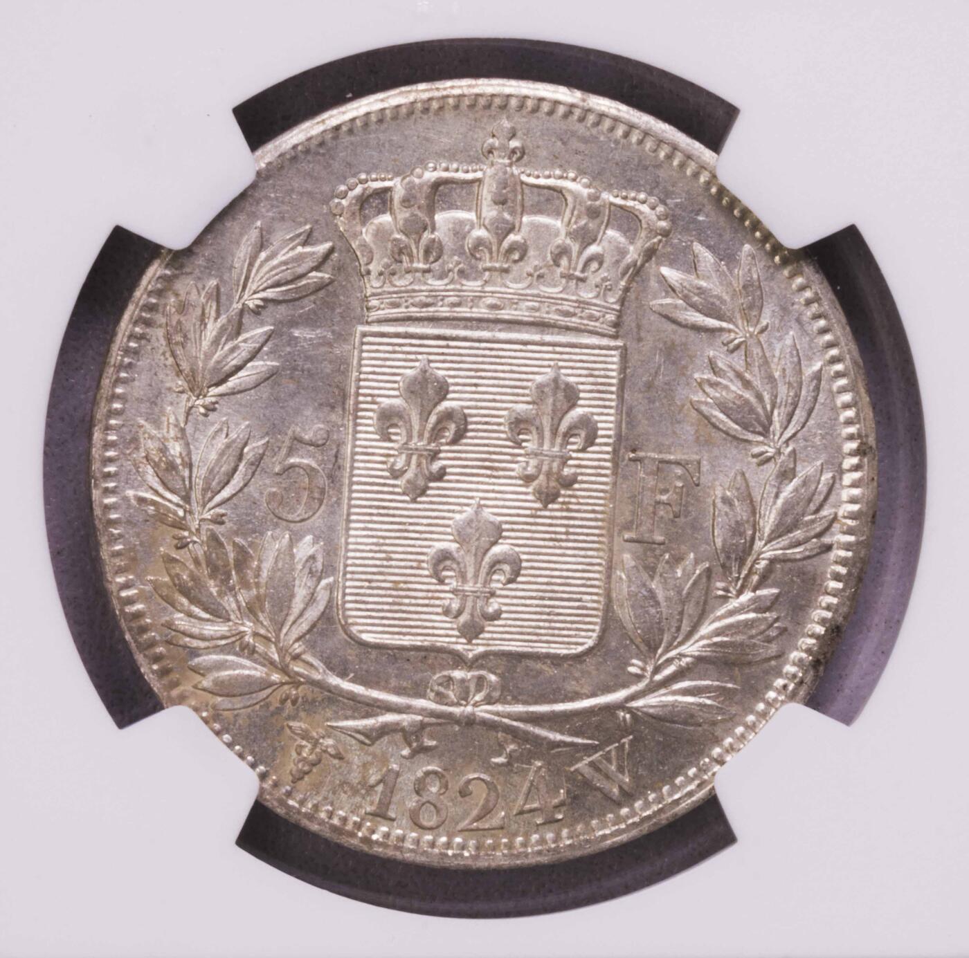NGC-MS62 1824法国路易十八5法郎大银币 BU粉光