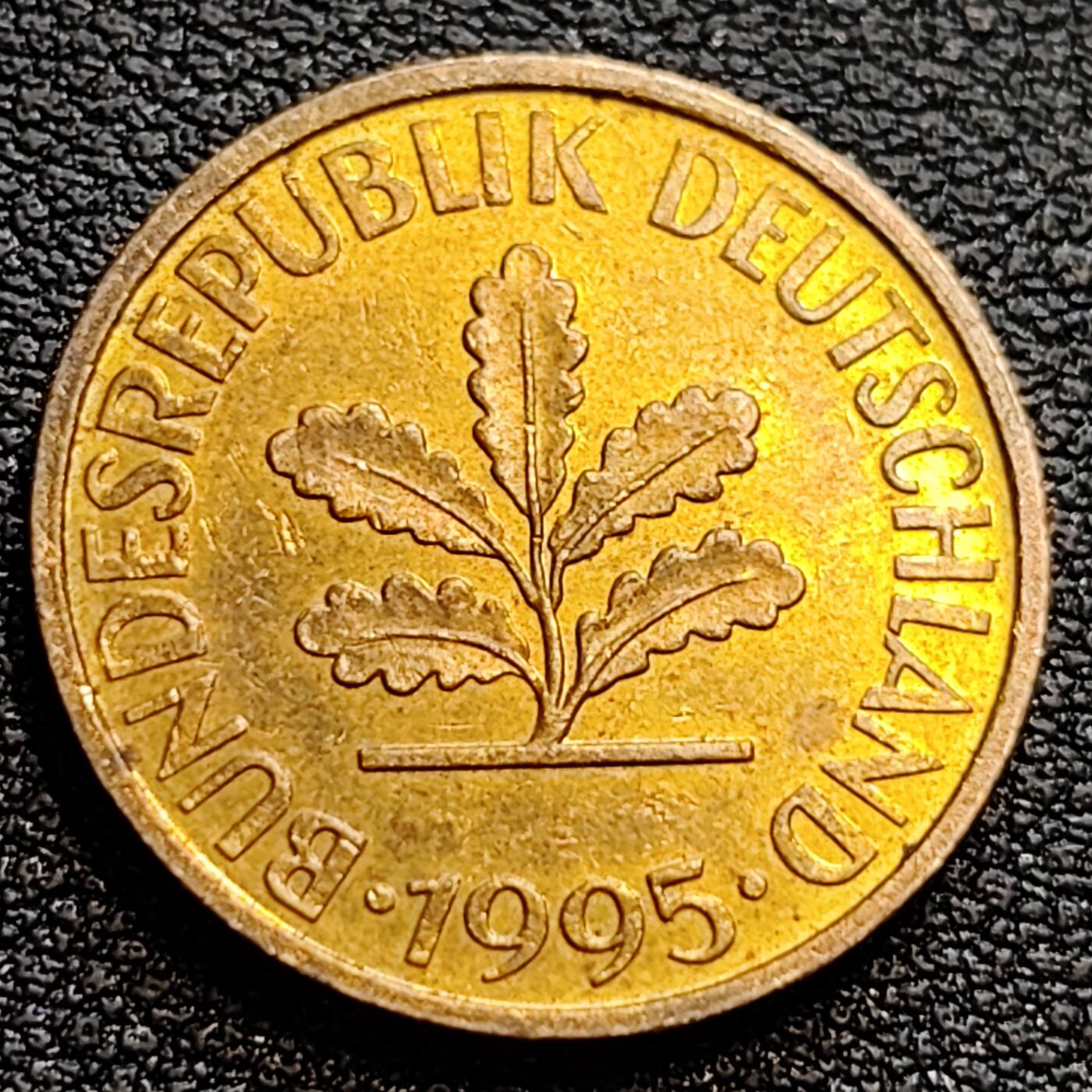 泉币菌-第75场-各国散币场 原铜光美品 联邦德国1995年 10芬尼硬币 橡树麦穗  银行版 21.5mm