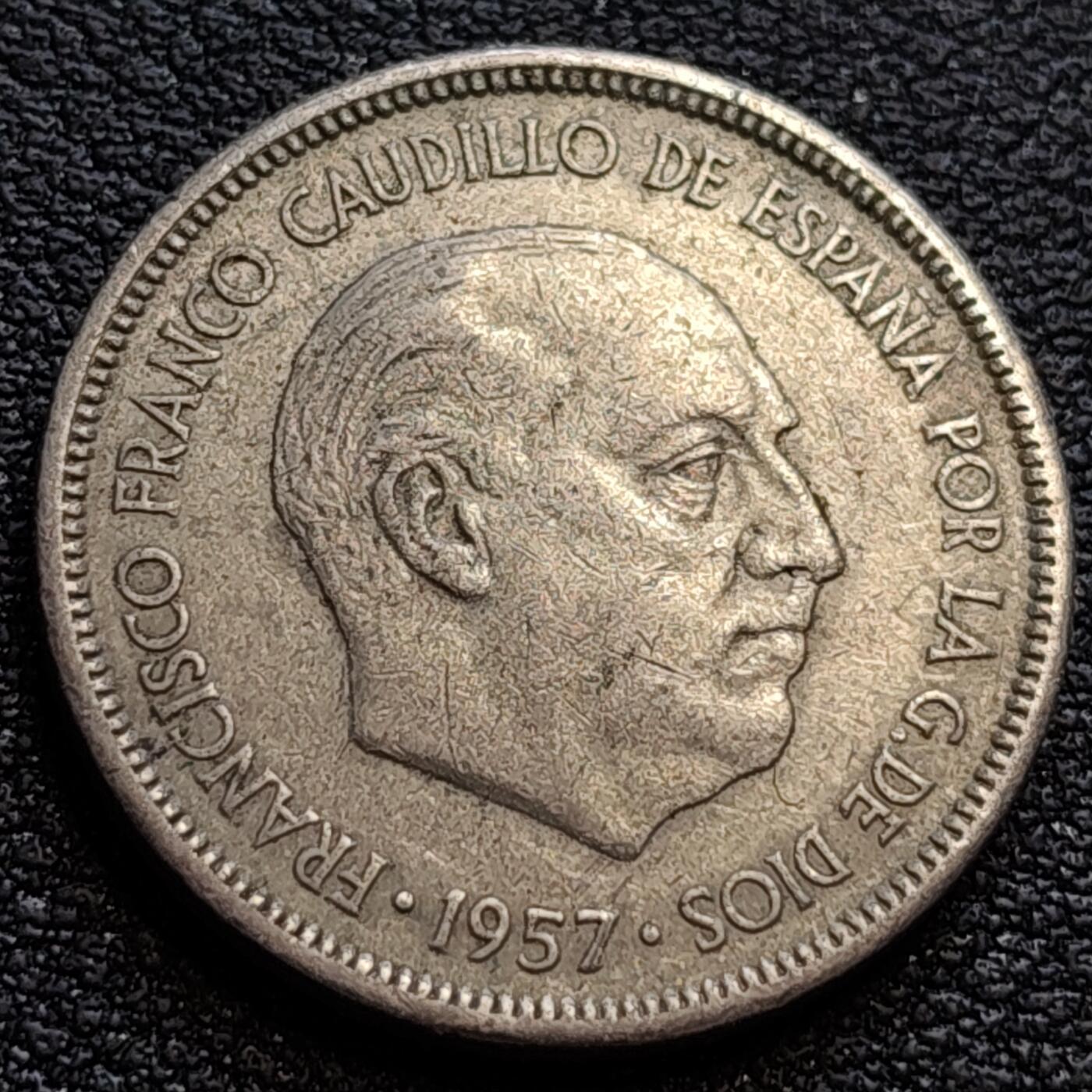泉币菌-第75场-各国散币场 西班牙1957年5比塞塔 弗朗哥鹰徽23mm