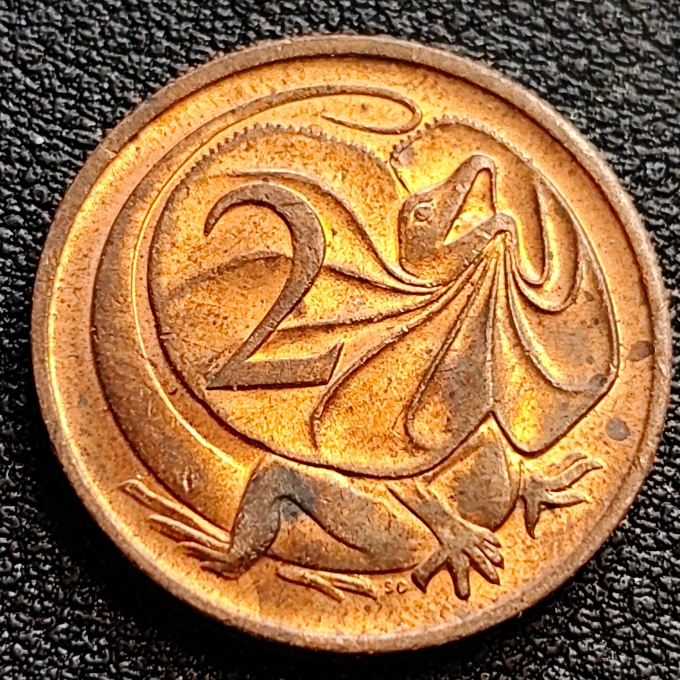 泉币菌-第75场-各国散币场 铜光美品 1984年 英属澳大利亚2分铜币 伞蜥蜴斗篷蜥 21.5mm