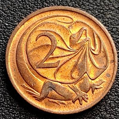泉币菌-第75场-各国散币场 - 铜光美品 1984年 英属澳大利亚2分铜币 伞蜥蜴斗篷蜥 21.5mm