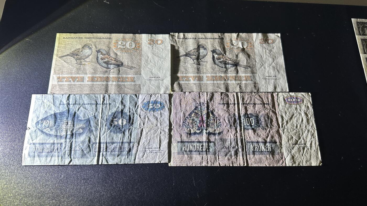 《外钞收藏家》第五百五十五期（本期有精品评级币、丰富裸币套币）（本平台长期征集拍品、欢迎藏友们联系合作） 丹麦动物版20、50、100克朗 四张一起 非全新 品相如图