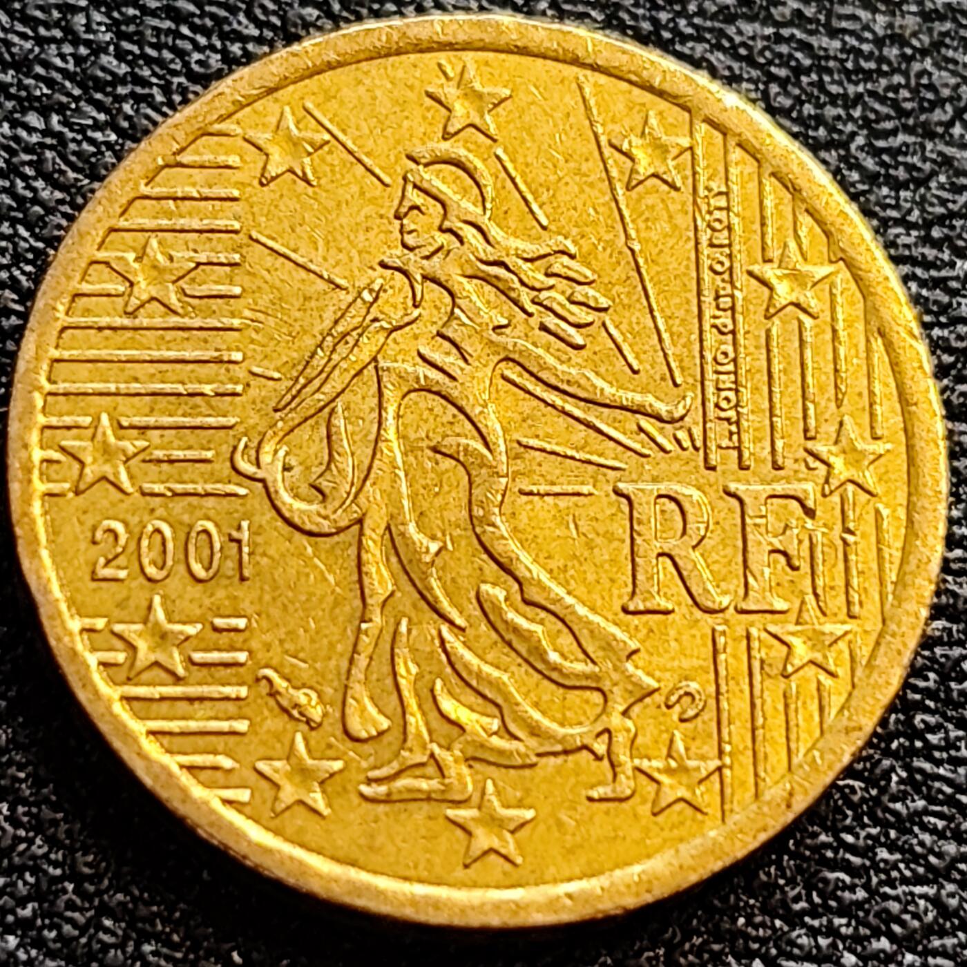 泉币菌-第75场-各国散币场 欧元 法国2001年10欧分铜币 玛丽安娜 欧盟地图 19.75MM 
