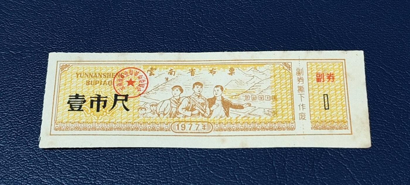 精品票证拍场 云南省布票，1977年发行，有知识青年下乡图案，图案的山坡上还有（农业学大寨）。少见版别