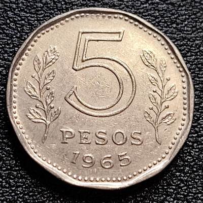 泉币菌-第77场-各国散币场 - 1965年  阿根廷5比索 镍币 帆船 21.5毫米 4克