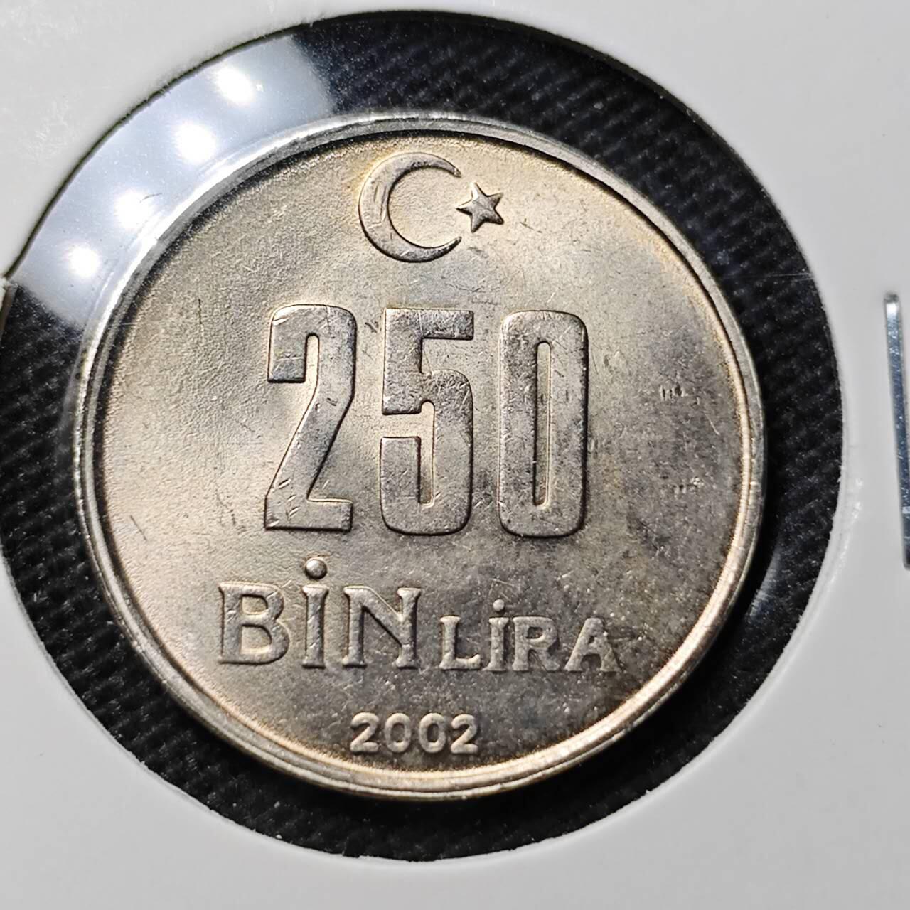 KK钱币收藏小铺 第318期 2月预留时间 周末发货 2002土耳其250BiN里拉 好品