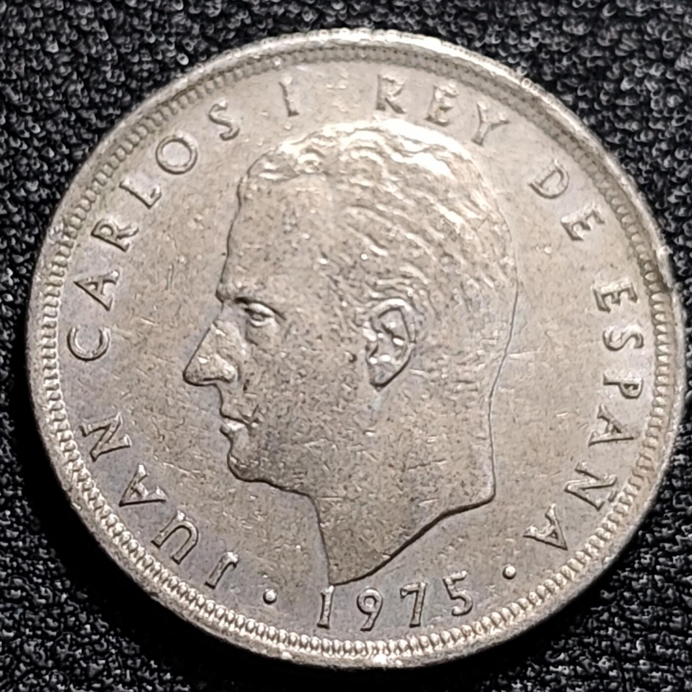 泉币菌-第74场-散币乐园 西班牙1975年 5比塞塔镍币 卡洛斯一世 23mm  西班牙国徽