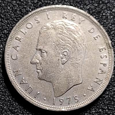 泉币菌-第74场-各国散币场 - 西班牙1975年 5比塞塔镍币 卡洛斯一世 23mm  西班牙国徽