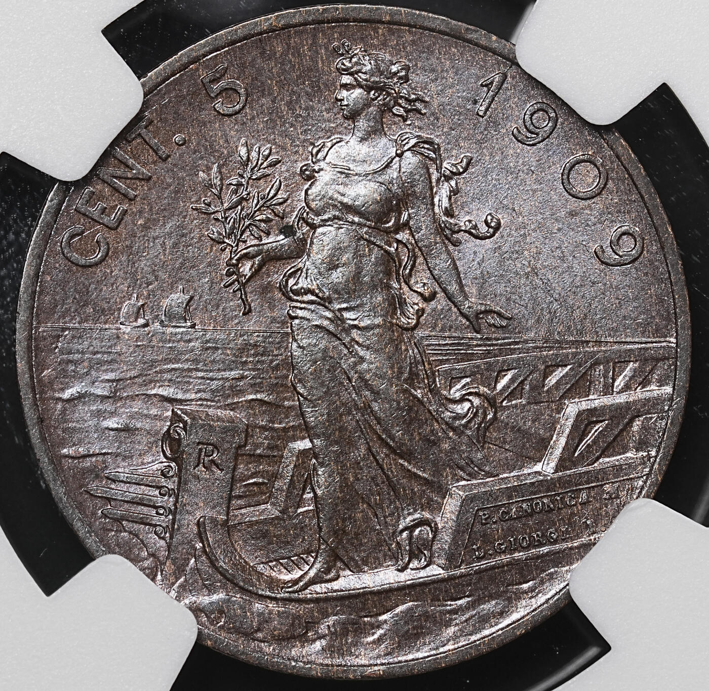 修遠堂世界钱币第八十期 NGC MS64BN 1909年意大利5分铜币