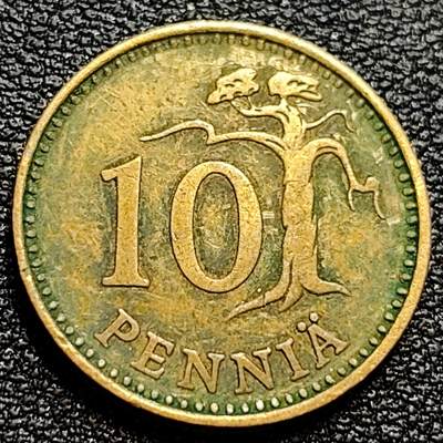 泉币菌-第77场-各国散币场 - 1963年 芬兰10芬尼铜币 持剑狮子 20mm