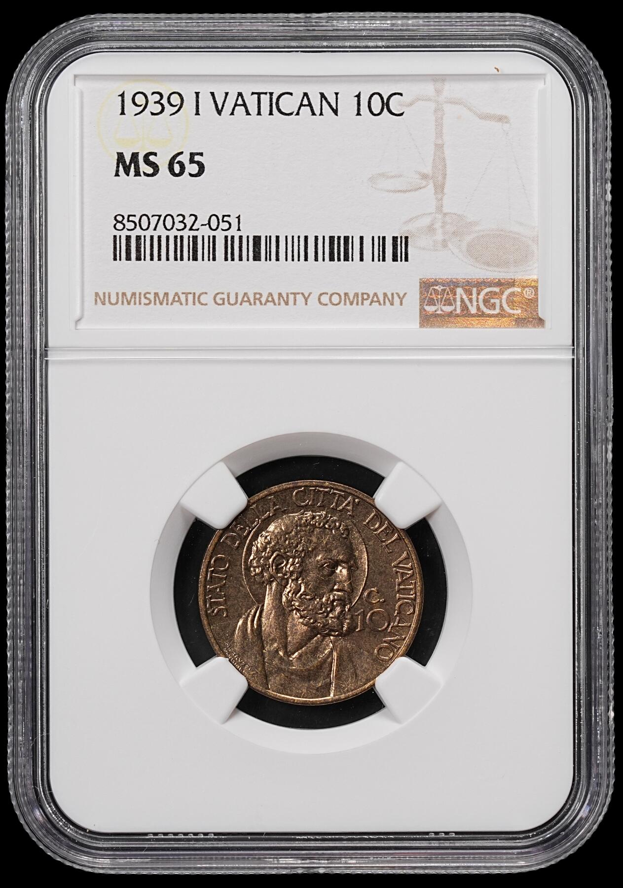 修遠堂世界钱币第八十期 NGC MS65 1939年梵蒂冈10分铜币