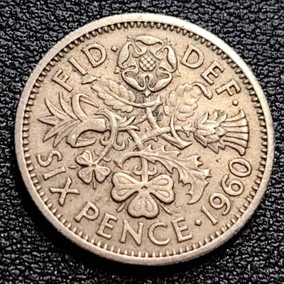 泉币菌-第76场-各国散币场 - 1960年 英国6便士硬币 爱情幸运币 19.3mm