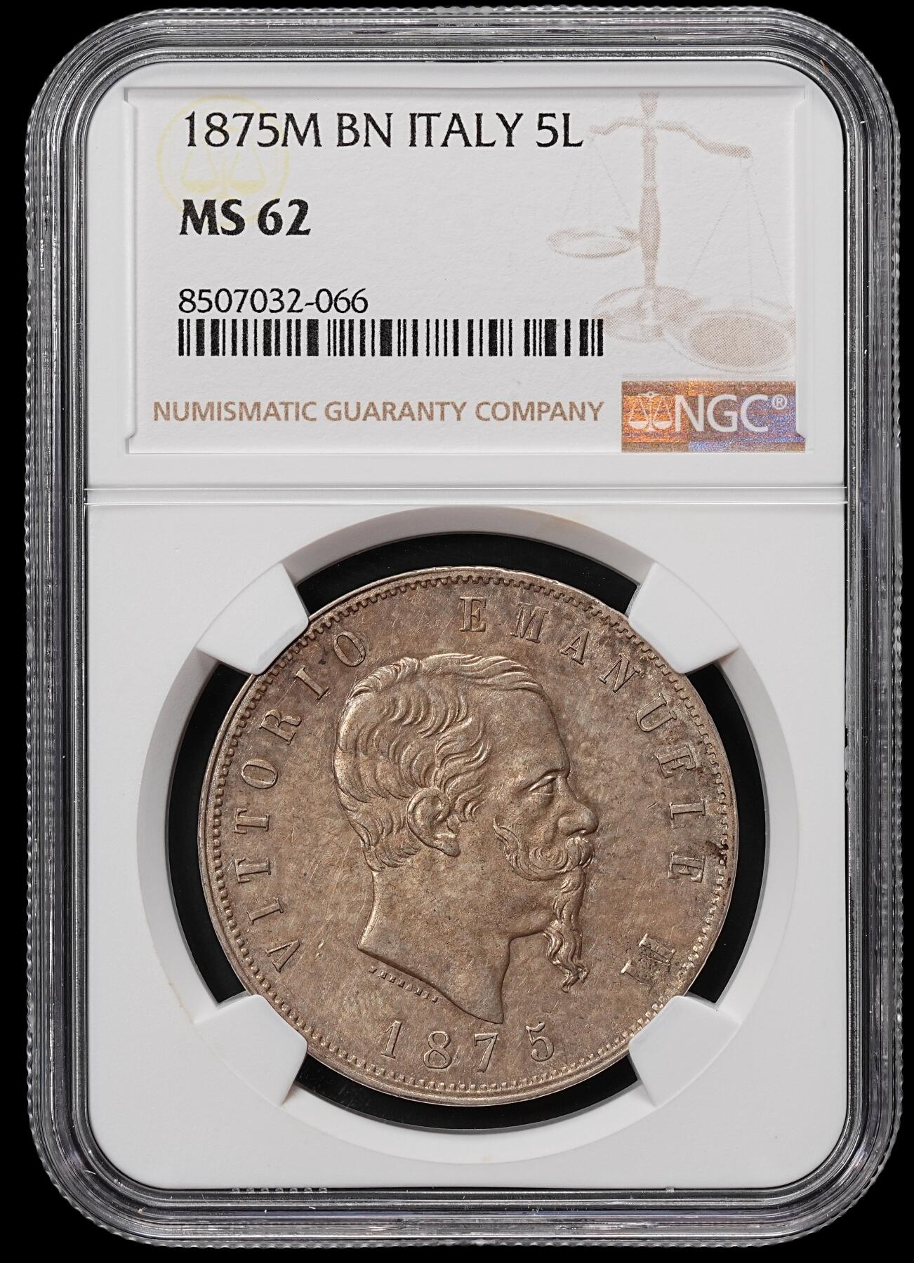 修遠堂世界钱币第八十期 NGC MS62 1875年意大利5里拉大银币