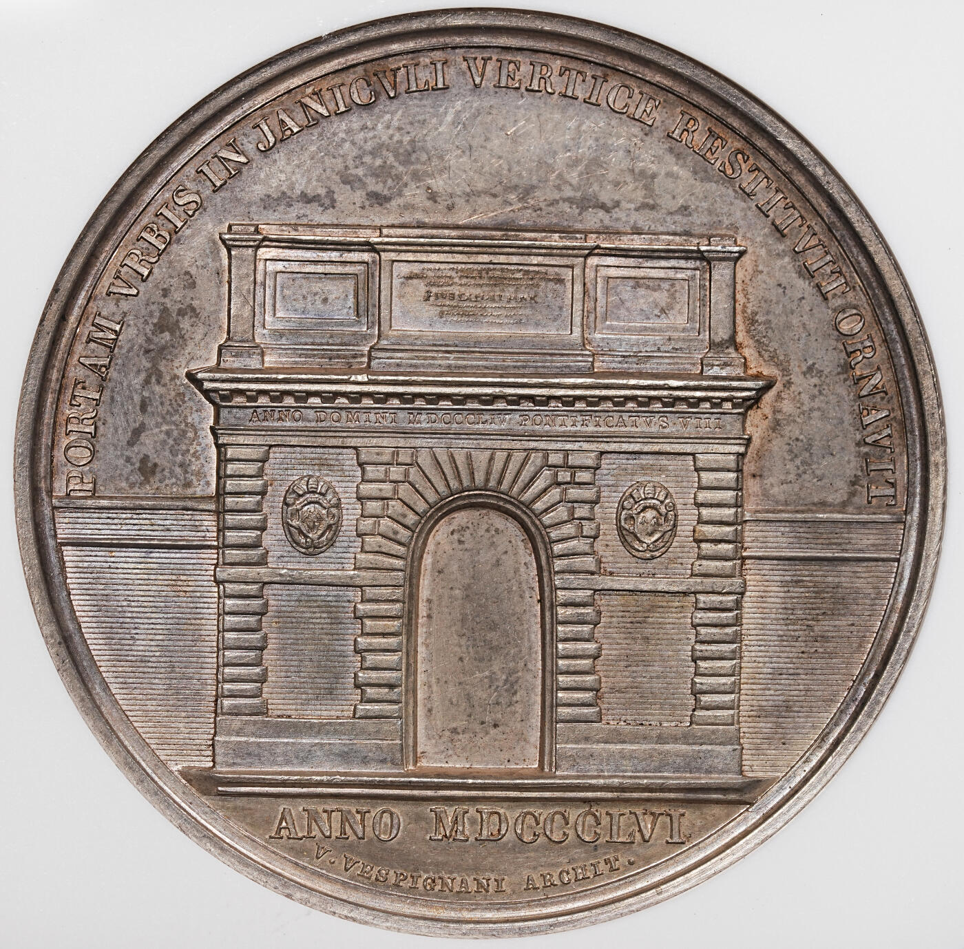 修遠堂世界钱币第八十期 NGC MS62 1856年教皇国-圣潘克拉齐奥门纪念高浮雕大银章