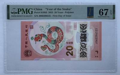 2025第20场（总第220期）：精品测试钞、外钞综合场  - 中国2005“蛇年生肖贺岁”20元塑料纪念钞（PMG67首日标）全程无47