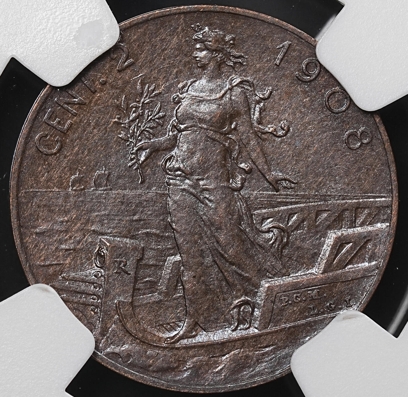 修遠堂世界钱币第八十期 NGC MS62BN 1908年意大利2分铜币 稀少特年