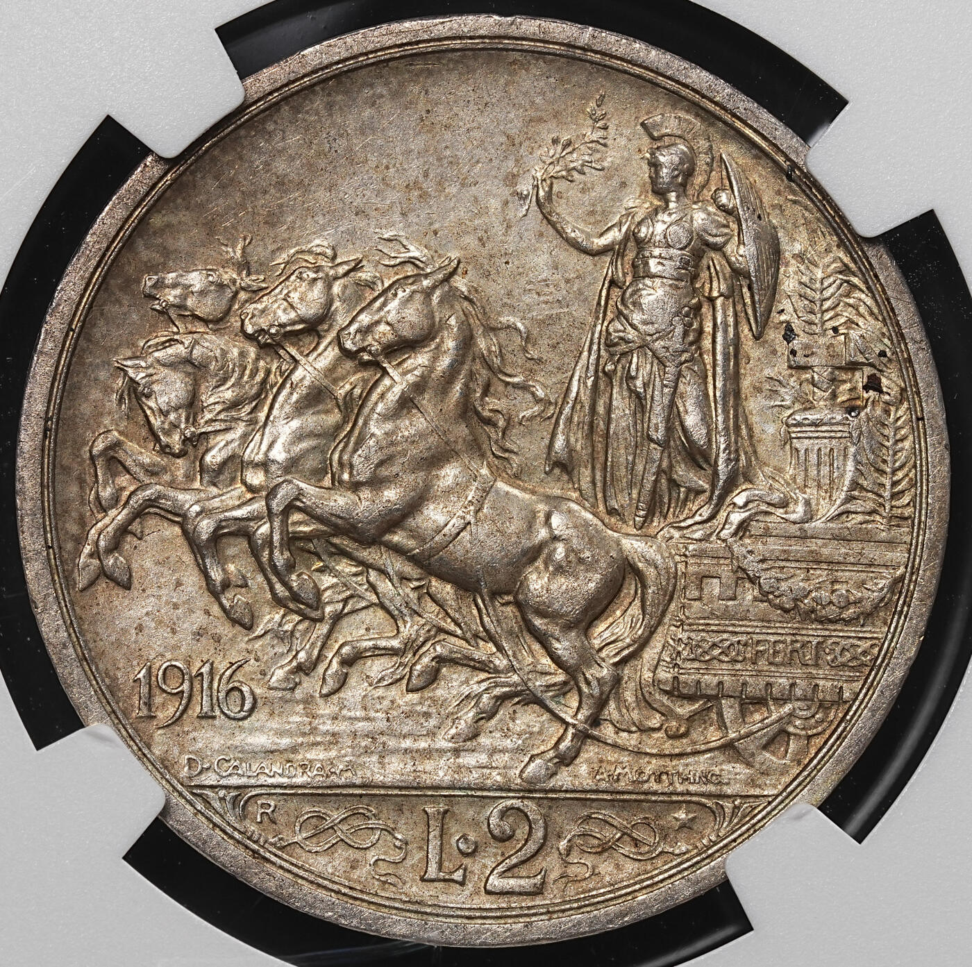 修遠堂世界钱币第八十期 NGC MS62 1916年意大利马车2里拉银币