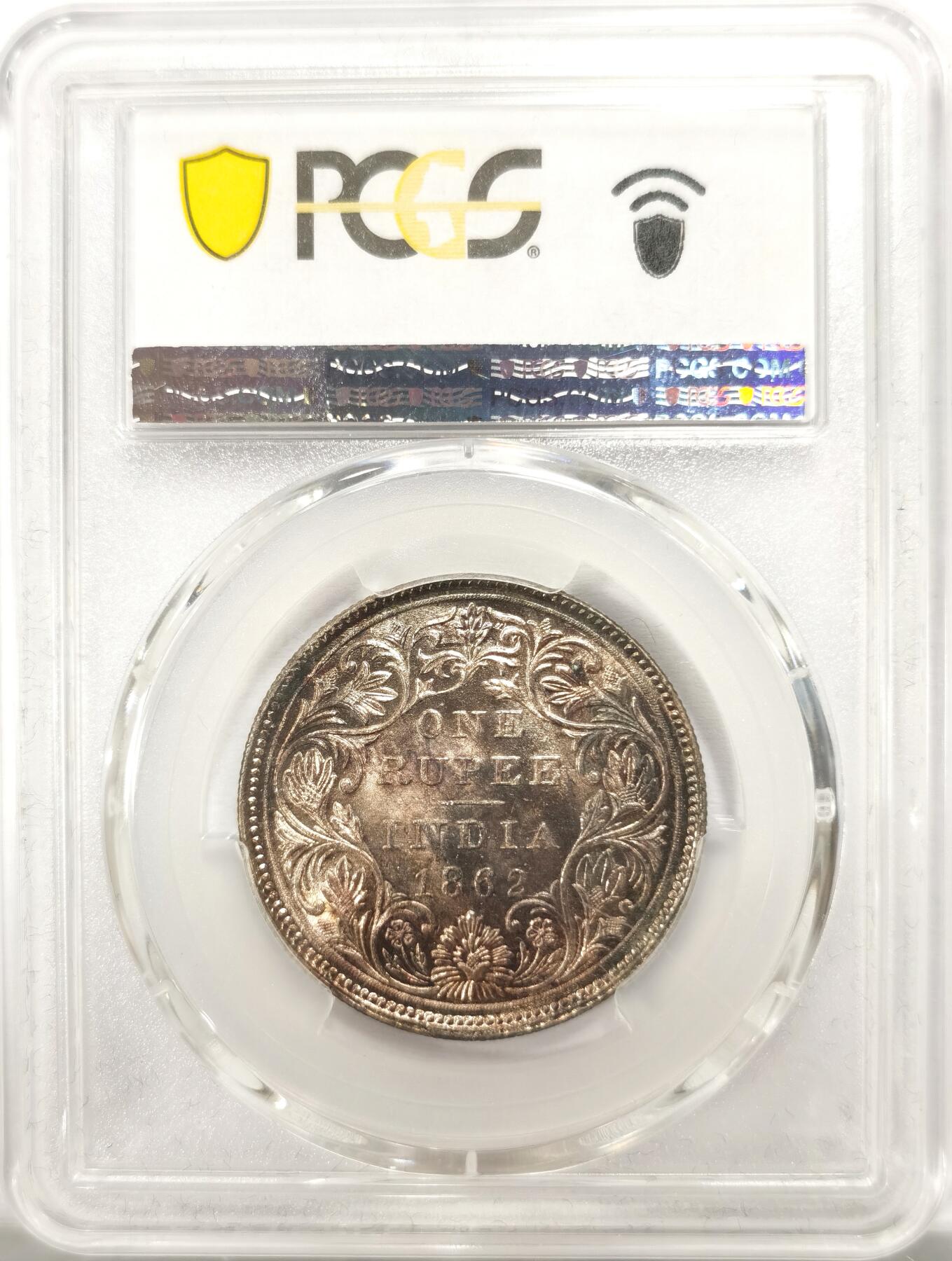 博洋堂世界钱币拍卖第134期（全场包邮） PCGS MS63 英属印度1862年维多利亚1卢比银币，玫瑰金包浆