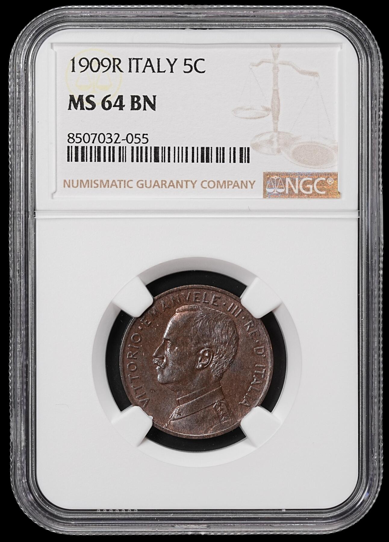 修遠堂世界钱币第八十期 NGC MS64BN 1909年意大利5分铜币