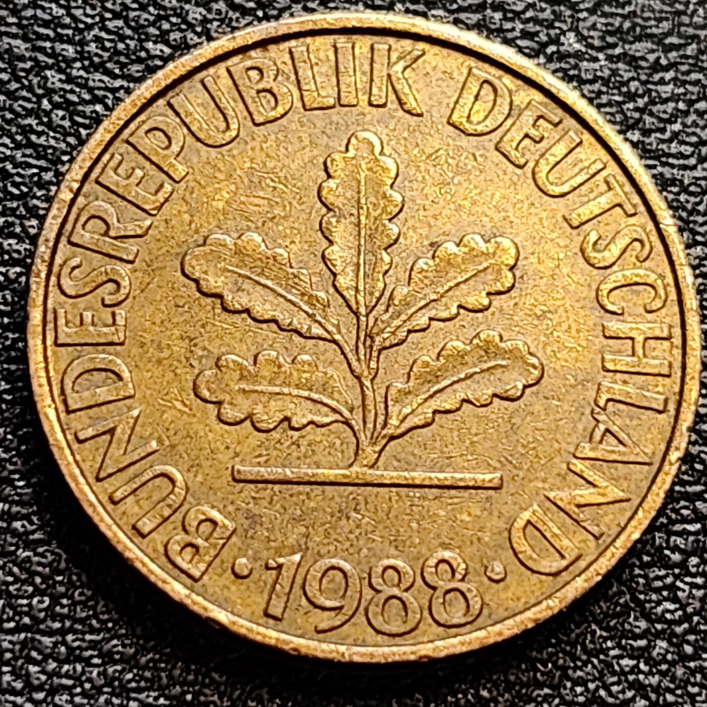 泉币菌-第76场-各国散币场 联邦德国1988年 10芬尼硬币 橡树麦穗  银行版 21.5mm
