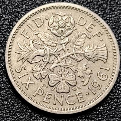 泉币菌-第77场-各国散币场 - 1961年 英国6便士硬币 爱情幸运币 19.3mm  
