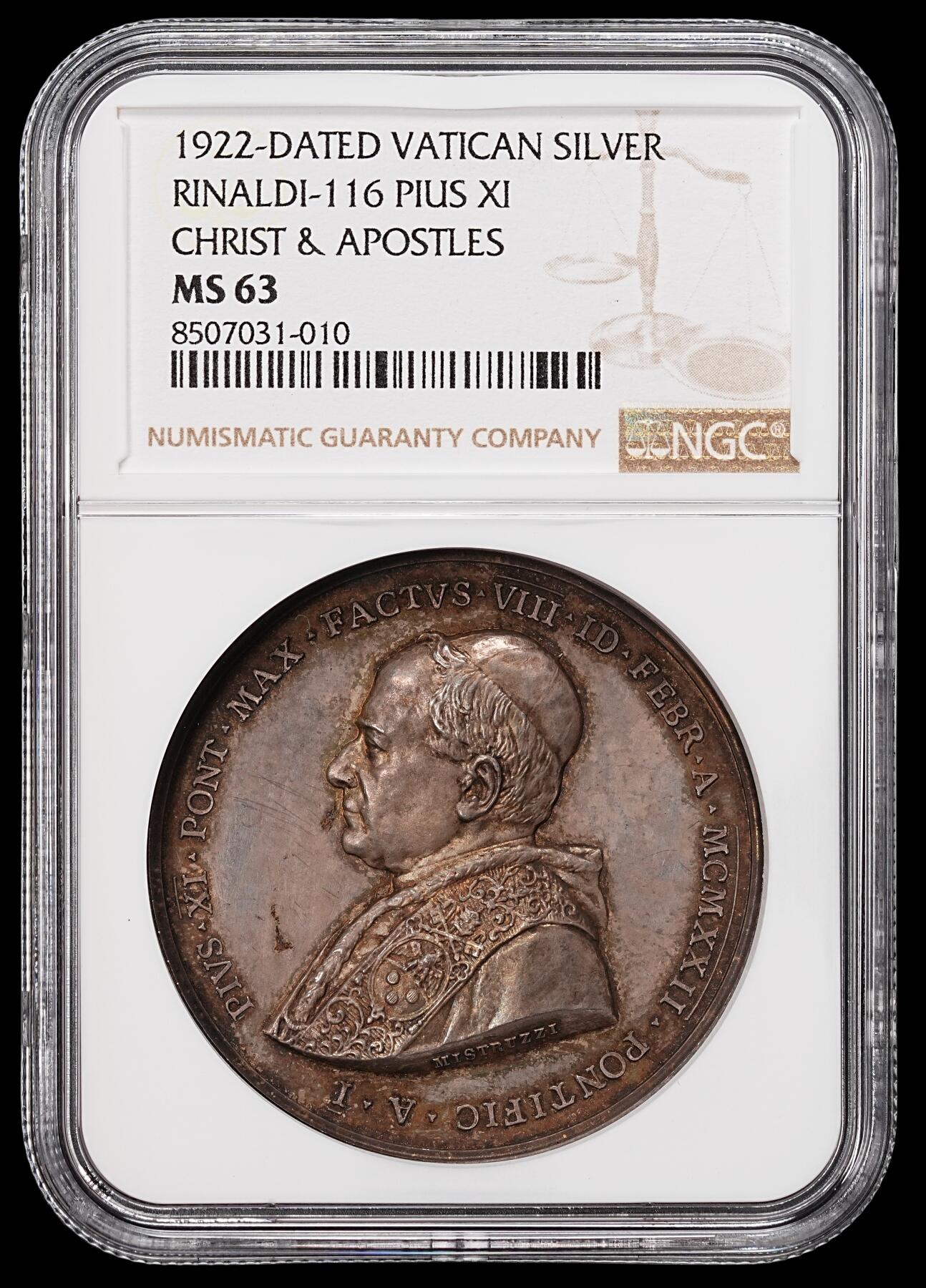 修遠堂世界钱币第八十期 NGC MS63 1922年梵蒂冈-耶稣传教高浮雕大银章