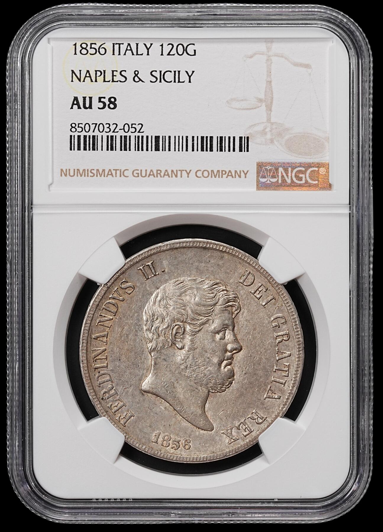 修遠堂世界钱币第八十期 NGC AU58 1856年那不勒斯和西西里王国120G大银币