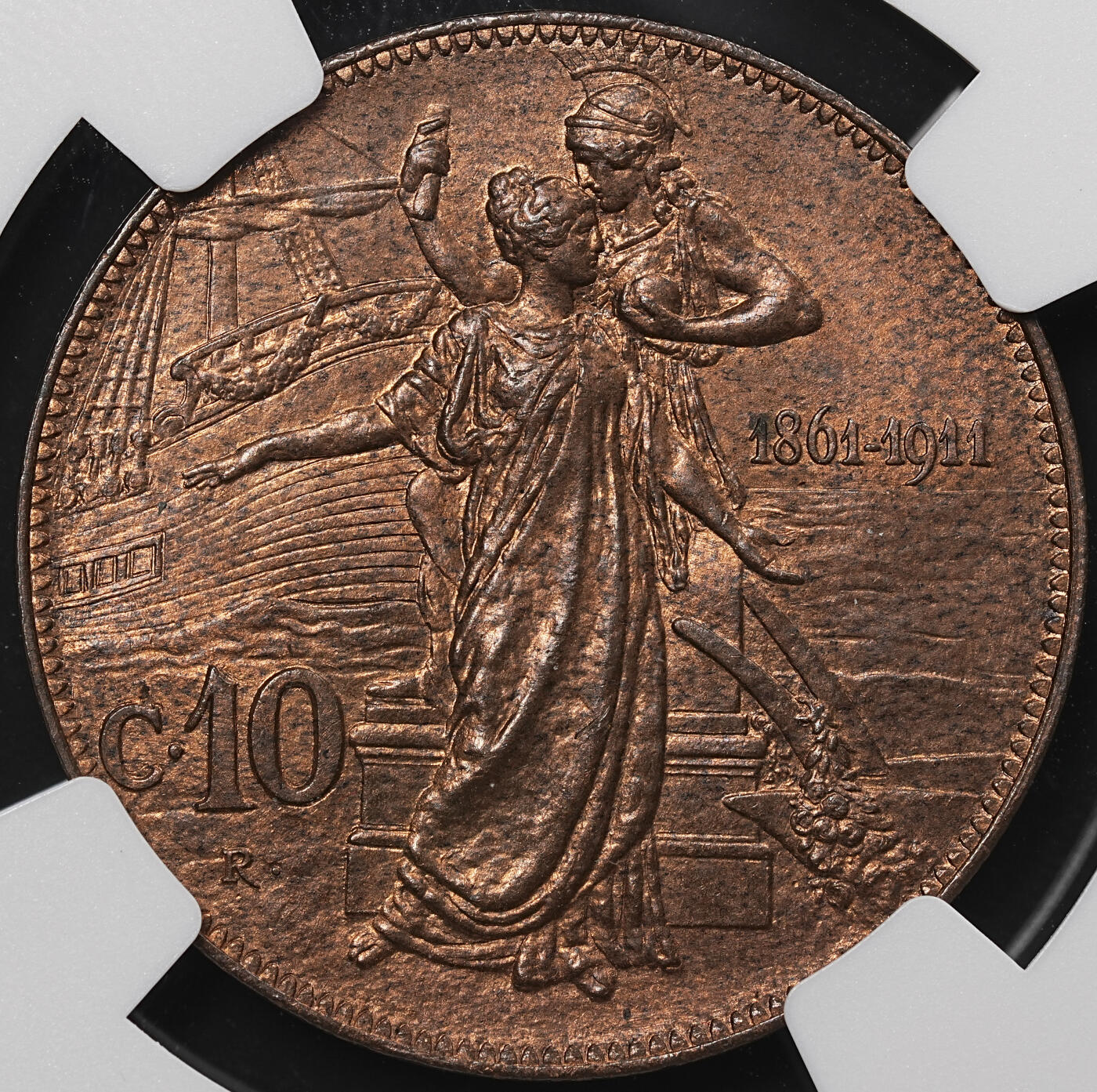 修遠堂世界钱币第八十期 NGC MS64RB 1911年意大利10分铜币 建国50周年 经典摸奶图案