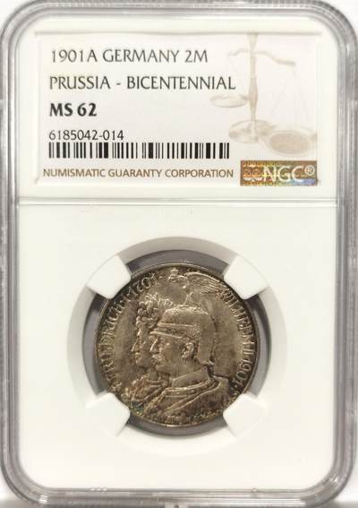 博洋堂世界钱币拍卖第134期（全场包邮） - NGC MS62 德国普鲁士1901年建国2马克银币，非常漂亮的欧洲五彩，爆光，完美品质