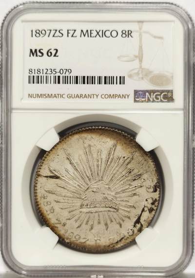 博洋堂世界钱币拍卖第134期（全场包邮） - NGC MS62 墨西哥1897年ZS FZ版花边鹰洋，关门年份，窖藏极美月牙包浆，滴水未下，值得收藏的状态