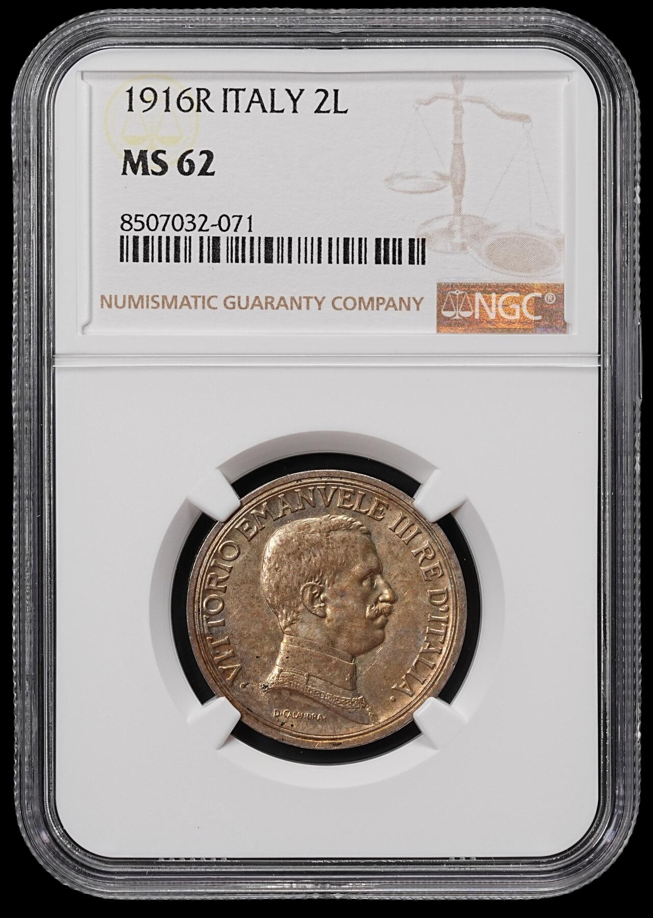 修遠堂世界钱币第八十期 NGC MS62 1916年意大利马车2里拉银币