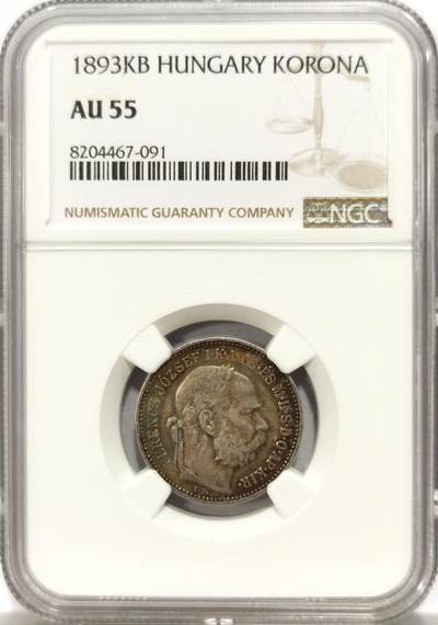 博洋堂世界钱币拍卖第134期（全场包邮） - NGC AU55 1893奥匈帝国匈牙利1克朗银币，非常惊艳的彩虹包浆，自然光下也可看到，底板很好带光