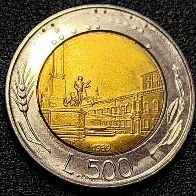 泉币菌-第78场-各国散币场 - 世界首枚双色币 意大利1989年500里拉 罗马建筑雕像 广场 25.8mm