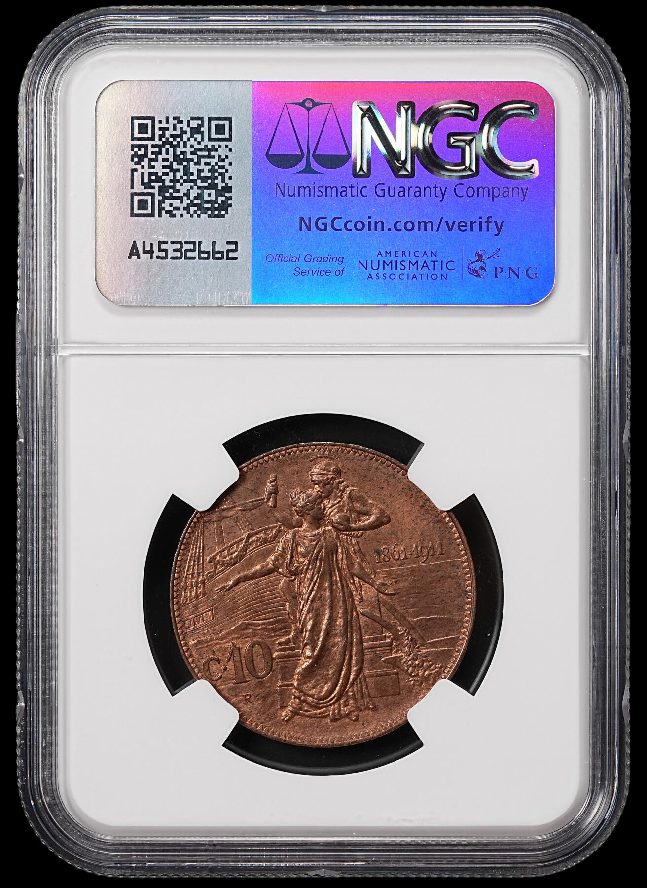 修遠堂世界钱币第八十期 NGC MS64RB 1911年意大利10分铜币 建国50周年 经典摸奶图案