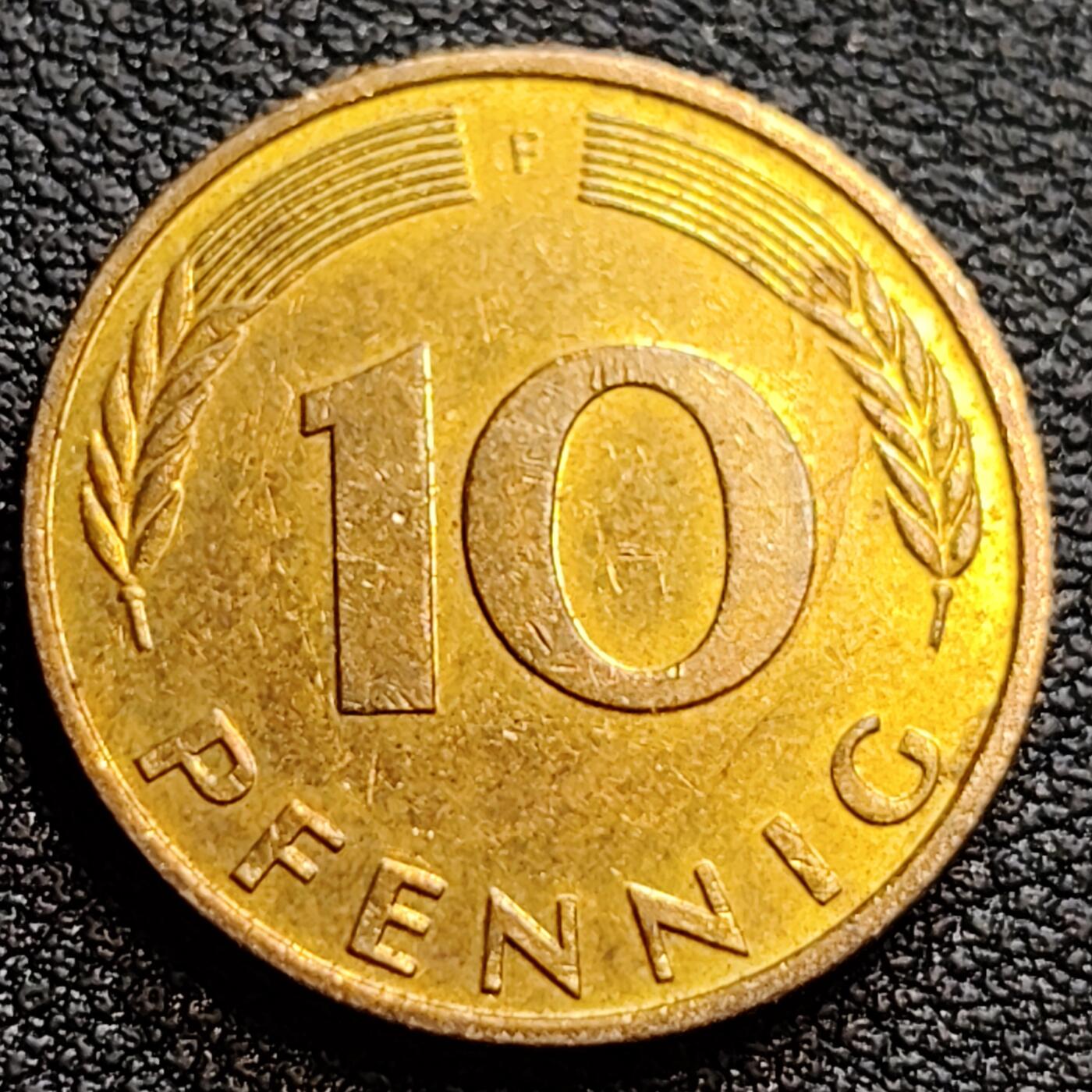 泉币菌-第75场-各国散币场 原铜光美品 联邦德国1995年 10芬尼硬币 橡树麦穗  银行版 21.5mm