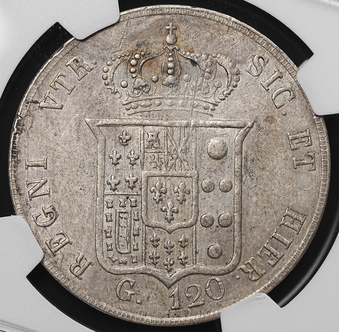 修遠堂世界钱币第八十期 NGC AU58 1856年那不勒斯和西西里王国120G大银币