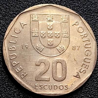 泉币菌-第78场-各国散币场 - 美品 1987年葡萄牙20埃斯库多 26.5mm 罗盘